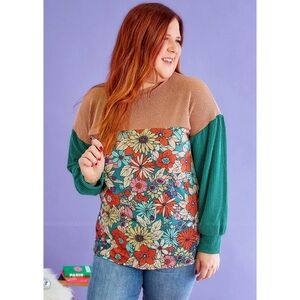🆕 Retro And Ribbed Floral Color Block Top, XL, 7th Ray